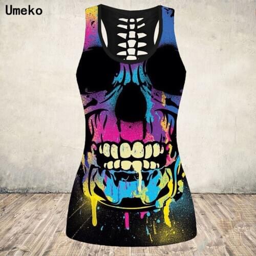 Umeko Women Summer Skull Print Vest Horror Fashion Sleeveless Tank Tops Stretch Blouse Punk Rock Plus Size Halloween Clothing
