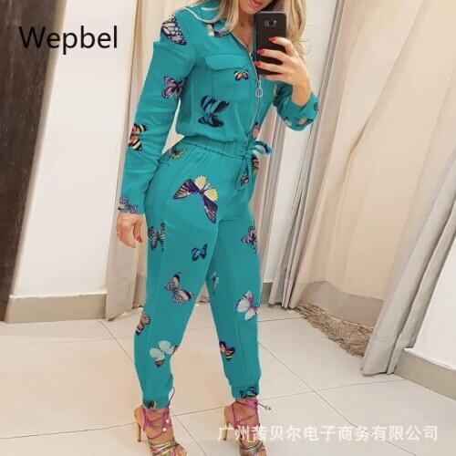 WEPBEL High Wasit Rompers Blue Zipper Denim Jumpsuit Fashion Women Jumpsuits Long Sleeve Casual Long Pants Overalls
