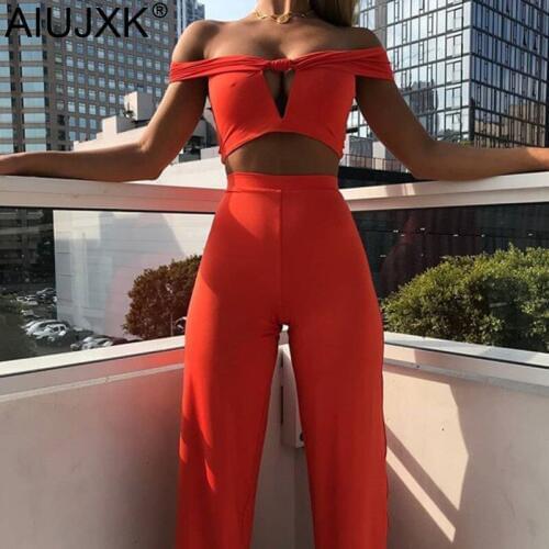 AIUJXK Sexy Off Shoulder 2 Two Piece Set Women Summer Bandage Casual Crop Top And Pants Hollow Out Loose Evening Party Suits