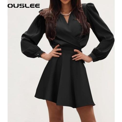 OUSLEE 2021 New Fashion Office Ladies Dress Sexy V Neck Womens Dress Solid Long Sleeves A-line Dresses Vestidos De Fiesta Mujer