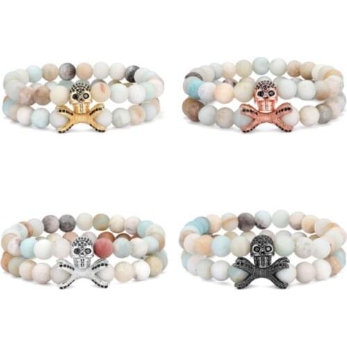 2pcs/lot 8mm skull crown gold silver copper cz zircon cubic zirconia beads bohemian Bracelet elastic Stone Bangles ry4s