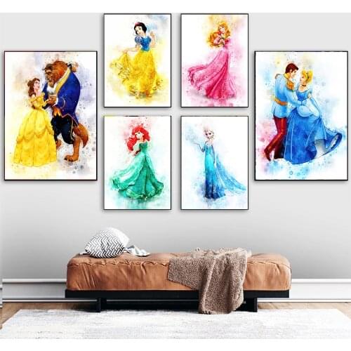 Watercolor Disney Princess Cartoon Canvas Painting Cartoon Princess Graffiti Art Posters and Prints Wall Pictures for Home Decor