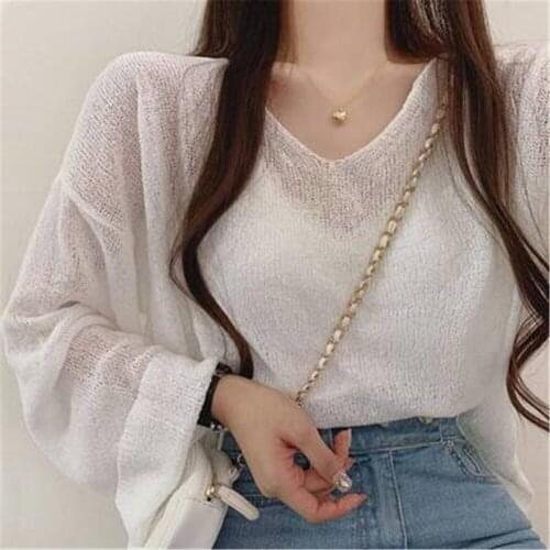 Blouse Women Solid Color Minimalist Long Sleeve Fairy Elegant V-neck Knitting Thin Breathable Soft Casual Basic Sun-proof Mujer