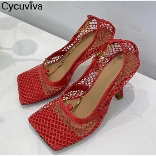 Summer Mesh Metal Chain High Heel Women Shoes Square Toe Slip On Sandals Sexy Thin Heel Party Nightclub Sandalias De Las Mujers
