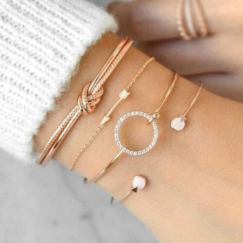 4pcs/set Trendy Bohemian Open Bangles Adjustable Gold Color Knot Arrow Opal Charm Bracelets For Women B0061