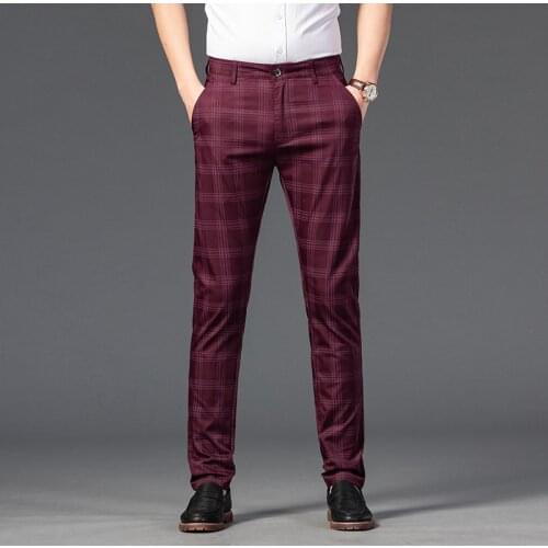 Summer Slim Plaid Pants Men Korea Style Regular Fit Check Trousers for Men Formal Work Black red 2021 New Fashion Men Trousers