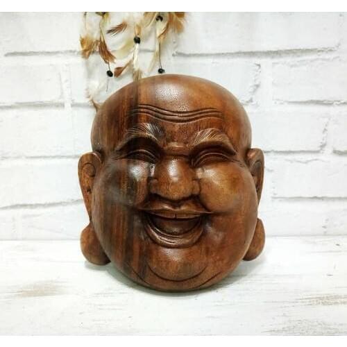 Handmade Wood Buddha Head Mask Ghana Product Mask Gülen Budha Decor Trinket Obje23x20cm