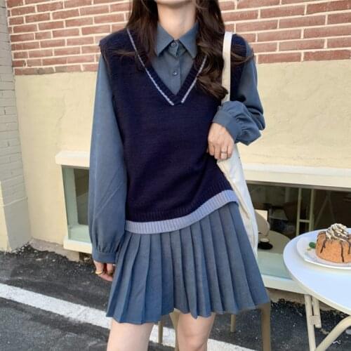 Preppy Style Two Piece Sweater Dress Korean Long Sleeve Shirt Pleated Dress and Knitted Vest Plus Size Loose Dress Vestidos