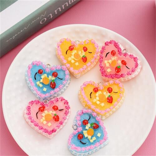 Julie Wang 10PCS Resin Cake Charms Heart Cream Fruit Cake Mixed Colors Artificial Food Pendant Keychain Jewelry Making Accessory