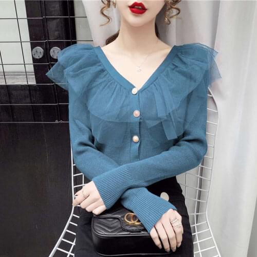 2021 spring new Korean lace mesh stitching v-neck cardigan sweater ins top fashion trendy thin jacket