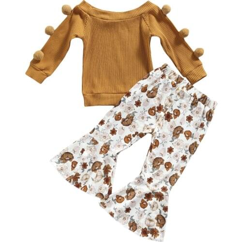 New 3Pcs Baby Autumn Outfits, Solid Long Sleeves Tops + Flower Print Bell-Bottom Pants for Little Girls, 9 Months to 4 Years