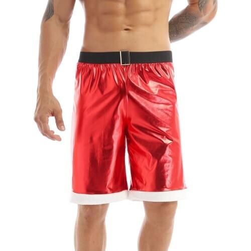 Mens Christmas Santa Claus Costume Shiny Metallic Mid Rise Boxer Dance Shorts Loose Half Pants Festival Party Cosplay Costume