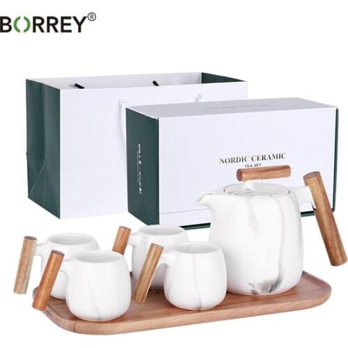 BORREY Ceramic Flower Teapot Set With Handle Office Coffee Cup Set Afternoon Floral Teapot Base Tea Pot Tool Kettle Set Teaware