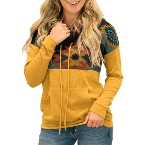 Autumn Winter Womens Scarf Collar Sun Totem Print Sweatshirt Ethnic Style Turtleneck Long Sleeve Pullover Casual Female Clothing