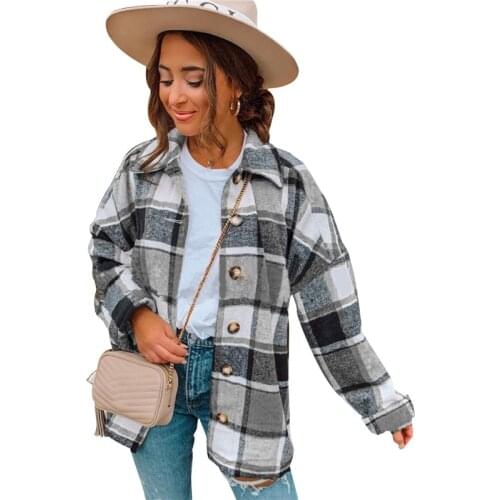 Autumn Street Temperament European And American Long-sleeved Lapel Loose-fitting Womens Plaid Shirt Mid-length Jacket