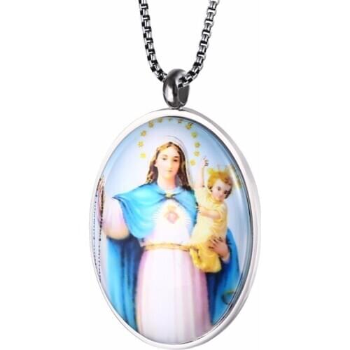 RIR Stainless Steel Mother Virgin Mary Child Jesus Portrait Pendant Necklace Religious Catholic Jewellery Gift For Women