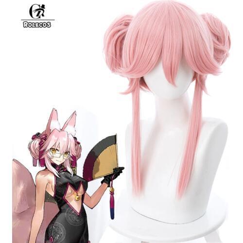 ROLECOS Game FGO Cosplay Hair Tamamo no Mae Cosplay Headwear FGO Fox Pink Hair Fate Cosplay Synthetic Hair
