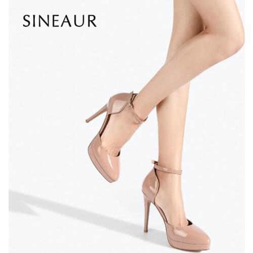 SINEAUR 2021 S/S Sexy Ladies Thin Heeled Pumps Platform Patent Leather Super High Heels Sandals Woman Shoes 12CM Plus Size 35-45