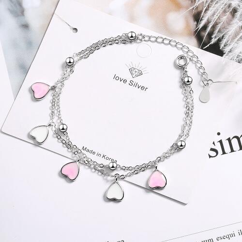 Sweet 925 Sterling Silver Pink Glaze Cherry Blossom Petals Gradient Heart Shaped Double Layer Chain Bracelets S-B262