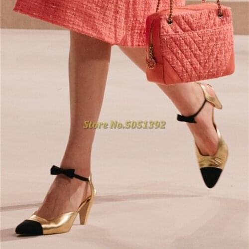 Gold Dress Women Shoes Patchwork Sexy Pointed Toe Ankle Strap High Heels Satin Material Black Women Pumps Fashion Newest Shoes