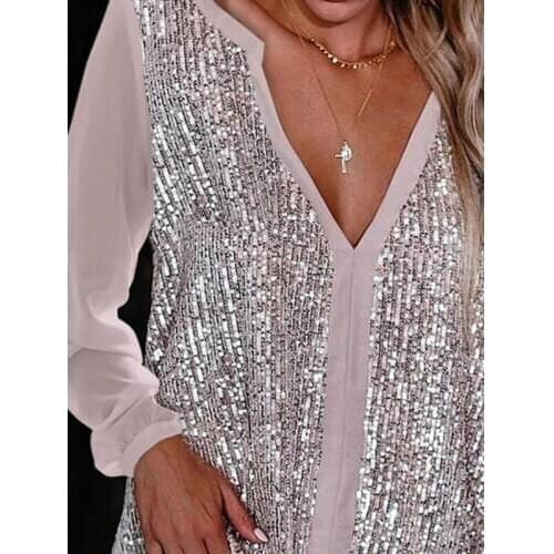 WEPBEL Long Sleeve Loose Pullover Solid Color Shirt Tops New Women Blouse Plus Size Urban Casual Sequin V-neck Shirts