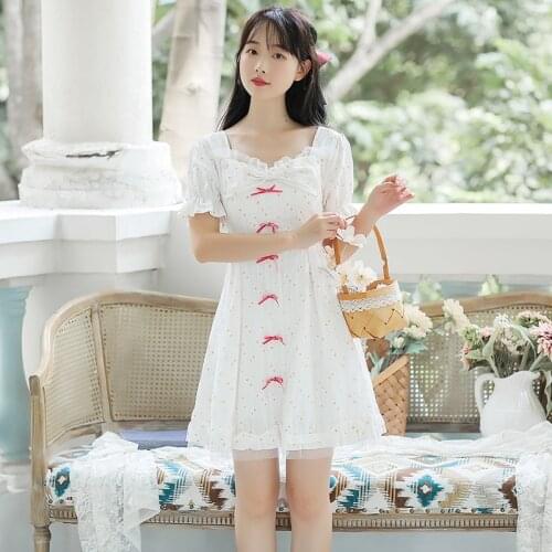 Japanese Bowknot Chic Net Gauze Square Collar Sweet Maid Outfit Kawaii Dress Floral Small Fresh Cute Mini Dress