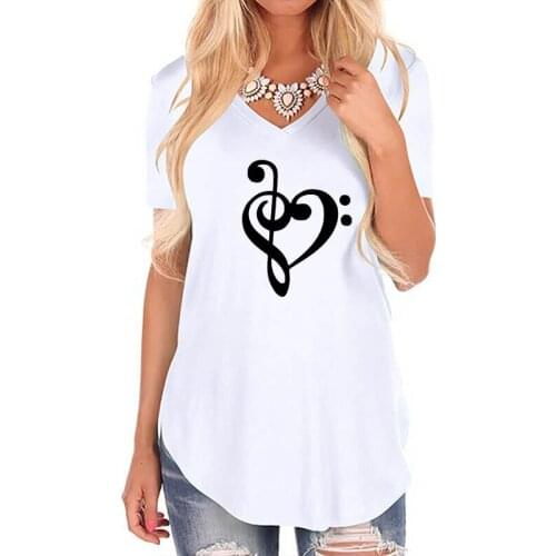 Funny Casual Tops Music Note Letter Print Shirt Female Harajuku V Neck Vintage T-Shirt Women Femme Music Heart Lover Gift