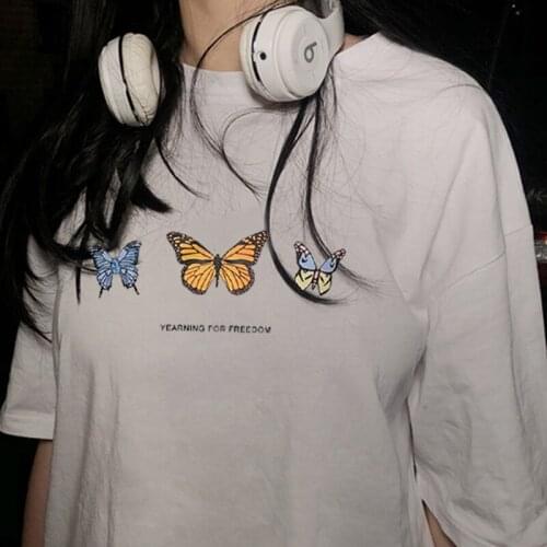Butterfly Print T-Shirt Women Plus Size Short Sleeve Casual Streetwear Oversized Long Shirts Basic Tshirts Ladies Summer