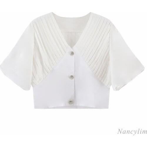 Womens V-neck Puff Sleeve Shirt Summer New Short Temperament Slimming Retro Waist-Controlled Crop Top Fashion Lady Blouse