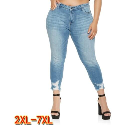 2019 New Hot Fashion Woman Cotton Denim Pants Ripped Knees Skinny Jeans Casual Ripped Stretch Elastic Female Trousers Plus Size