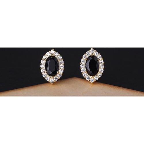 Punk Female Black Oval Crystal Earrings Real 925 Sterling Silver Gold Stud Earrings For Women Cute Small Stone Wedding Earrings