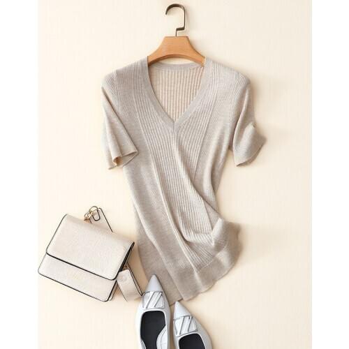 Womens fashion 100% cashmere short sleeve ribbed knit v neck sweater