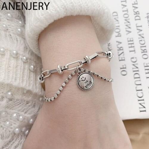 ANENJERY 925 Sterling Silver Smiling Face Bracelet for Women Double Layer Thai Silver Bracelet Jewelry Gifts S-B486