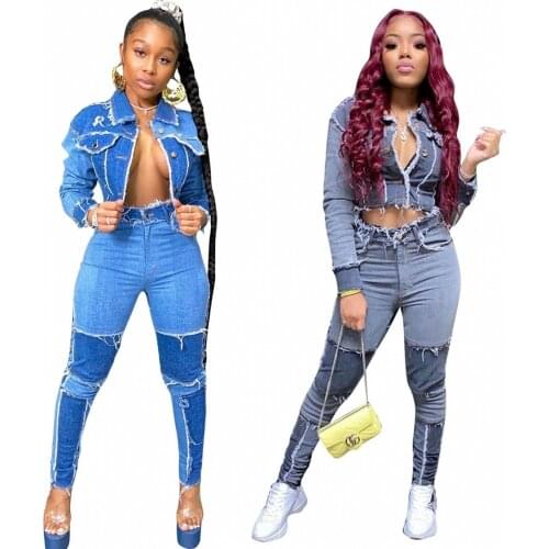 2020 Traditional African Clothing Two Piece Set Women Africaine Print Bodycon Tops Jeans Pants Denim African Clothes