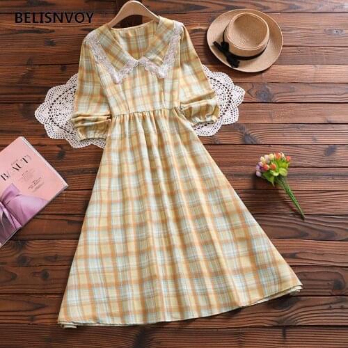 England Style Summer Women Long Dress Peter Pan Collar With Lace High Waist Midi Dress Vintage Elegant Plaid Femininos Vestidos