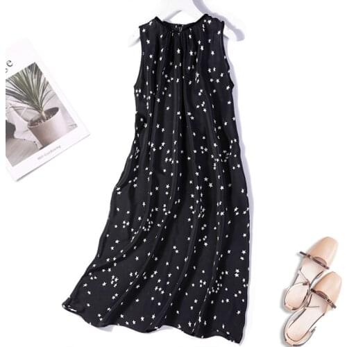 Womens 100% Pure Silk Long Dress vintage black stars sleeveless with pockets one size JN368