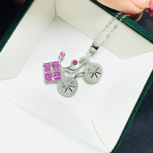 New natural pink gemstone pendant 925 silver necklace womens romantic bicycle style