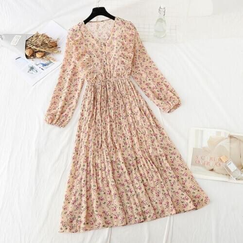 2021 Spring Fashion Women Ruffle Chiffon Dress Elegant Long Sleeve Pleated A-line Dress Floral Print Women Midi Vestidos