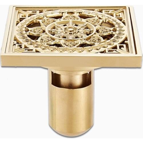 10cm Square Floor Drains Brass Gold Shower Drain Trap Waste Grate With Hair Strainer Bathroom Shower Accessories