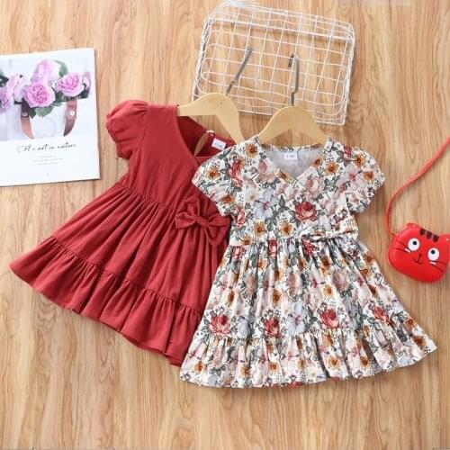 2021 Girls Summer Clothes Baby Dress Bow V-neck Flower Girls Dresses Boho Princess Dress Baby Clothes Toddler Girl Clothes 0-3Y