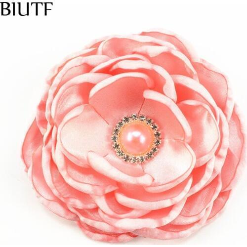 30pcs/lot 4'' Satin Burned 7-layer Fabric Flower Rhinestone Centered Artificial Rose Flower No Hair Clip TH293