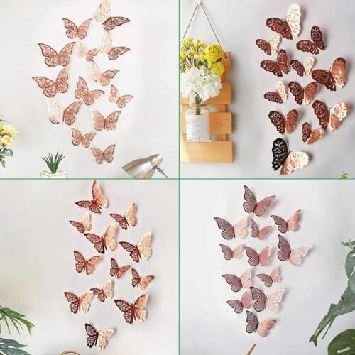 48 PCS 3D Butterfly Wall Decor Rose Gold Stickers 3D Hollow-Out Decorative DIY Home Decor Butterflies Decoration Bedroom
