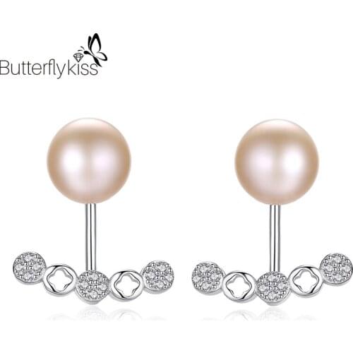 BK 17*17mm Real 925 Sterling Silver Unusual Earrings For Women Freshwater Pearls With AAA Zircon Ear Stud Female Gifts