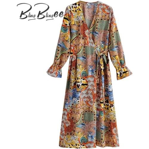 BlingBlingee Za 2021 Summer Woman Traf Midi Dress Long Sleeve Vintage Print Patchwork High Waist Wrap Lace-Up Casual Beach Dress