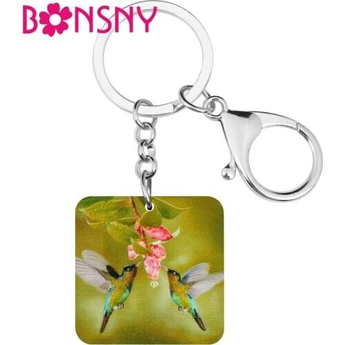 Bonsny Acrylic Square Flower Hummingbird Bird Keychains Cute Animal Keyring Jewelry For Women Kids Teens Trendy Gift Car Charms