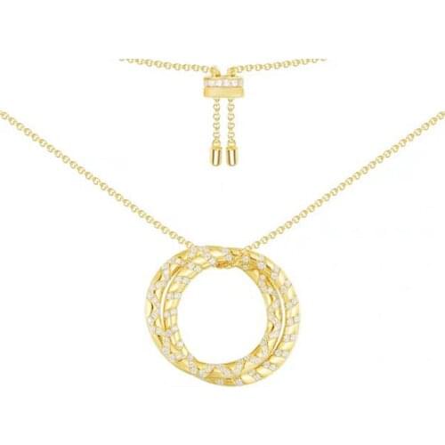 SLJELY 925 Sterling Silver Yellow Gold Color Intertwined Big Double Circles Pendant Zirconia Necklace Women Fine Mana Jewelry