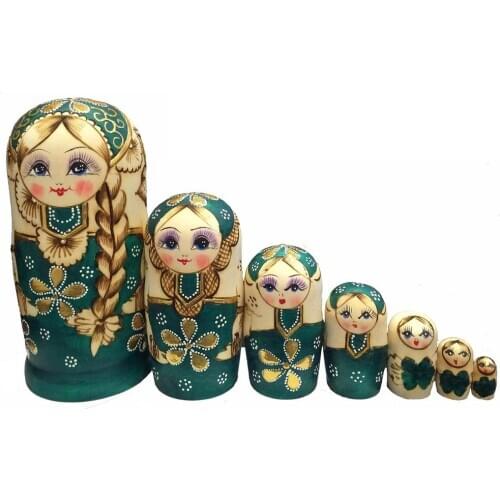 7Pcs/Set Braided Hair Girl Wooden Russian Nesting Dolls Matryoshka Toy Kids Gift