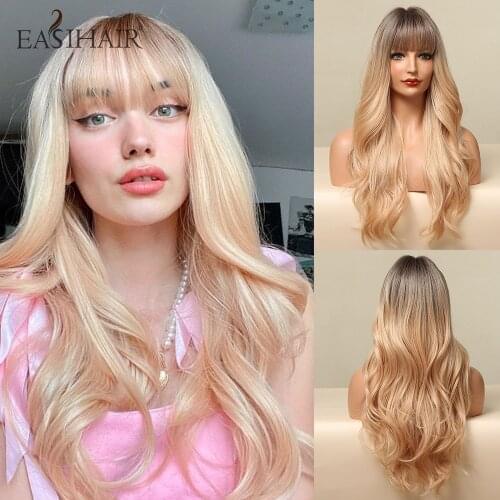 EASIHAIR Long Yellow Blonde Ombre Wig Wavy Synthetic Wigs for Women Natural Hair Wig with Bangs Heat Resistant Daily Cosplay Wig