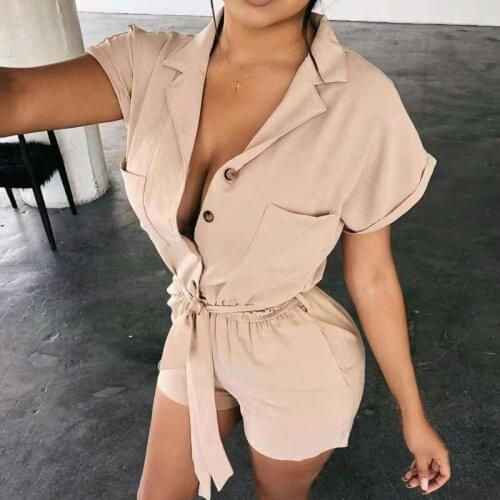 Elegant Tie-Up Belted Solid Playsuit Casual Button Women Shorts Rompers 2021 Spring Summer Short Sleeve Beach Overalls Jumpsuit