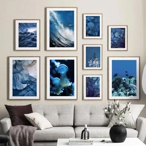 Nordic Canvas Painting Blue Sea Waves Coral Wall Art Picture Abstract Golden Line Jellyfish Posters and Prints Living Room Decor